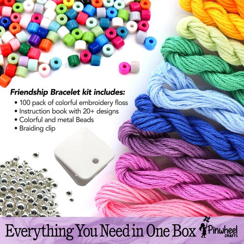 Pinwheel Crafts Friendship Bracelet Kit – String Bracelet Making Kit for Girls 8-12 – 100 Floss, Colored/Metal Beads, Braiding Clip, 20+ Bracelet Maker Design Book – DIY Bracelet Kit for Kids Gift