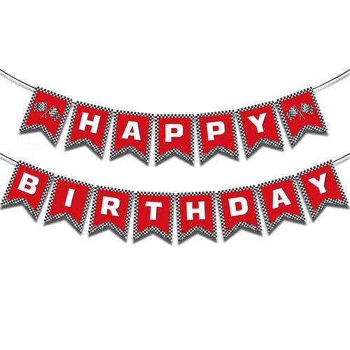 Race Car Happy Birthday Banner, Race Car Birthday Party Decorations Black and White Checkered Flag Banner Happy Birthday Banner Racing Themed Checkered Flag Party Supplies （Red）