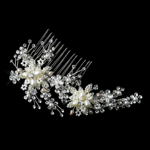 Hand Wired Freshwater Pearl and Crystal Bridal Wedding Hair Comb - Silver
