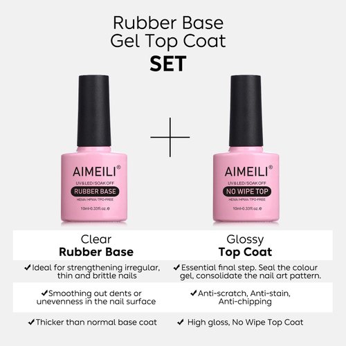 AIMEILI Hema Free Rubber Base Gel Polish and No Wipe Top Coat Kit Set Soak Off U V LED Clear Gel Nail Polish