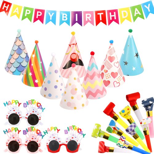Exacoo 22Pcs Birthday Hat Set Includes 8Pcs Birthday Paper Cone Hats,3Pcs Adorable Birthday Glasses,10Pcs Party Noisemakers Whistles,1 Piece Multicolor Banner Party Favors Decorations Supplies