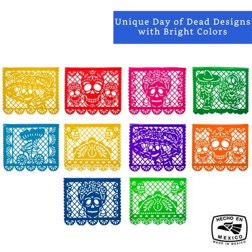 Mexican Party Banners (5 Pack - 10 Plastic Flag Designs per Banner) - Papel Picado Dia de Los Muertos Decorations for Altar - Day of The Dead Banners - Day of Dead Decor