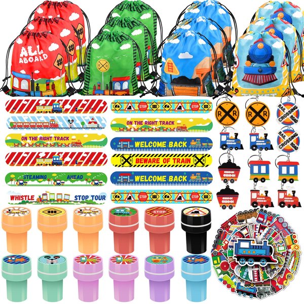 98 Pcs Train Party Favors,Train Print Party Supplies Include Stickers Stamps Keychains Slap Bracelets and Drawstring Bags Party Decorations for Kids TrainTheme Birthday supplies (A-Train)