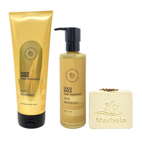 Bath & Body Works Coco Shea Honey Fragranced Rich Moisture Bundle with a Creamy Rose Soap - Moisturizing Body Wash and Body Lotion - Full Size