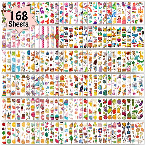 Partywind 168 Sheets (2000 Styles) Kids Temporary Tattoos for Party Supplies, Fake Tattoo Stickers with Dinosaur/Mermaid/Pirate for Boys and Girls, Birthday Games for Party