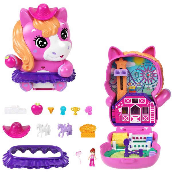 Polly Pocket Dolls and Playset, Pony Rodeo Compact, Travel Toy with 1 Micro Doll, Pet Horses, Food & Fashion Styling Accessories