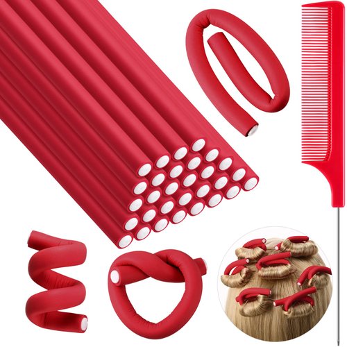 30 Pieces Flexible Curling Rods Twist Foam Hair Rollers Soft Foam No Heat Hair Rods Rollers and 1 Steel Pintail Comb Rat Tail Comb for Women Girls Long and Short Hair (,)