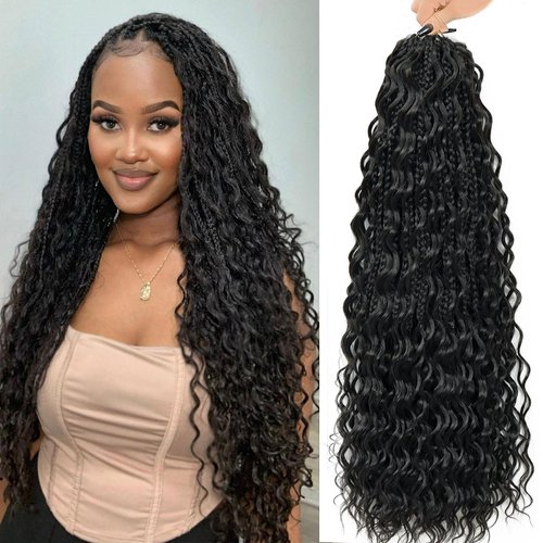 LIYATE Goddess Box Braids Crochet Hair for Women 24 Inch 7 Packs Black Bohemian Crochet Braids with Curly Ends Boho Box Braid Crochet Braiding Hair Extensions, 1B