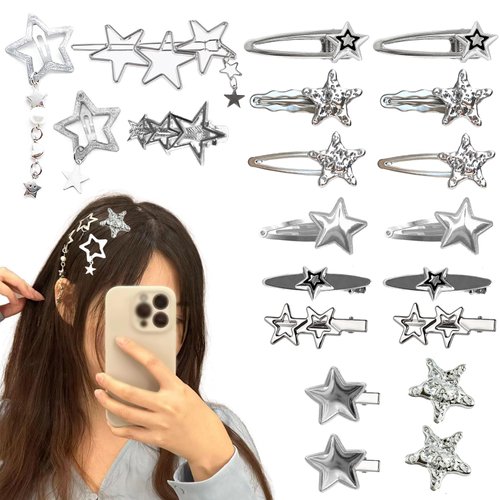 20pcs Silver Hair Clips for Women,Y2K Star Hair Clips,Metal Star Barrettes 12 Shapes Pentagram Hair Snap Clips for Girls Hair Styling Star Hairclips Cool Hair Barrettes Hairclip Set