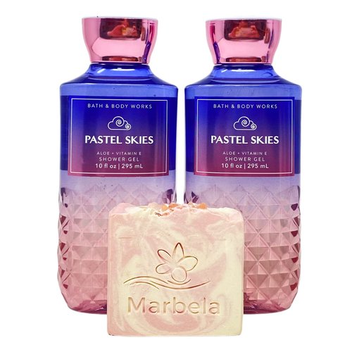 Bath & Body Works Pastel Skies 2 Piece Shower Gel Gift Set with a Himalayan Salts Springs Bar Soap - Full Size