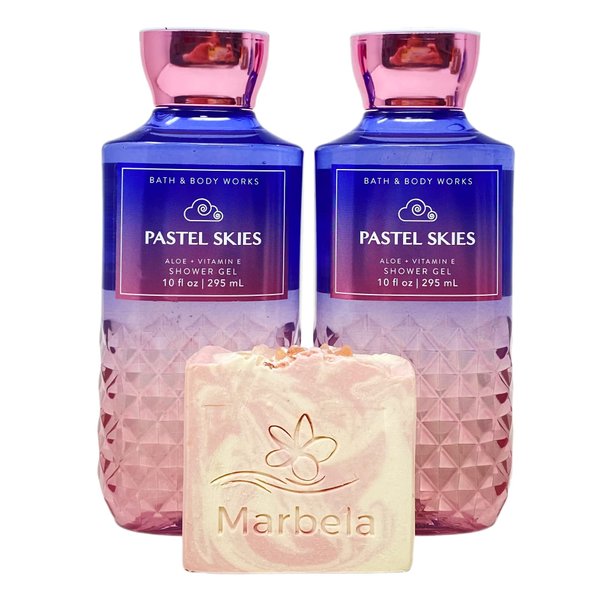 Bath & Body Works Pastel Skies 2 Piece Shower Gel Gift Set with a Himalayan Salts Springs Bar Soap - Full Size