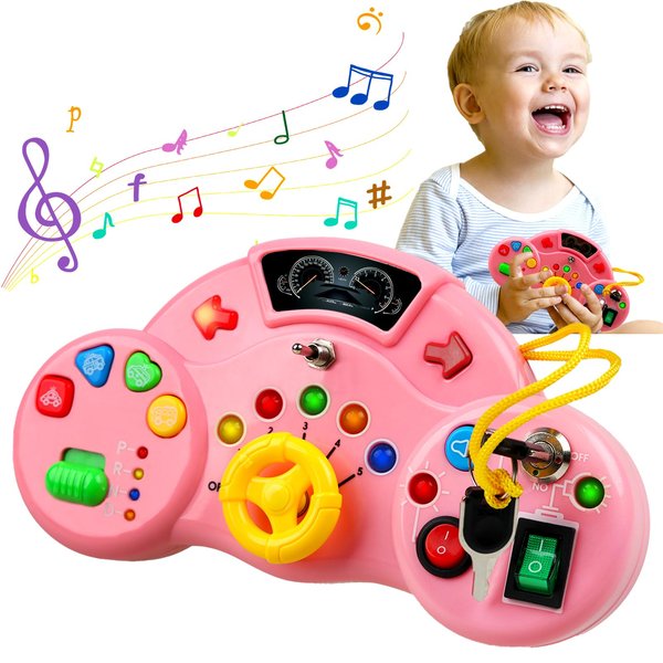 Majobee Montessori Toys Busy Board for Toddlers 2-4, LED Musical Light Switch Toys for 1-3 Year Old, Sensory Activities for Kids, Preschool Educational Travel Toys for Boy Girl Birthday Gift Pink