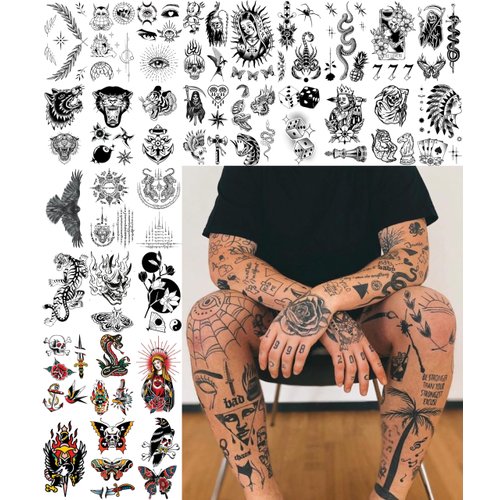 Impressed 48 Sheets Unisex Vintage American Traditional Temporary Tattoos - Small Semi Permanent Blackwork Minimalist Fake Flash Tattoo for Women and Men - Tiny Adult Hand, Sleeve Tat for Teens