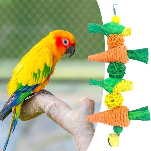 GANPUB 1Pc Multicolor Bird Parrot Toys,Bird Chew Toy Bite-Ristant Natural Materials with Bell Carrot Shape Bird Birdcage Parrot Hanging Toy,Cage Accessories, Parrot Toy