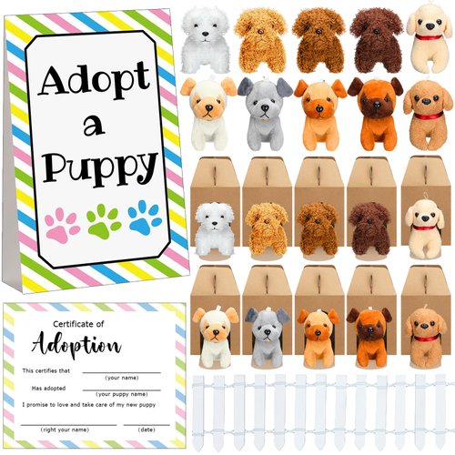 Blueweenly 20 Set Adopt A Puppy Favors 20 Small Stuffed Puppy Plush Dogs Bulk with 20 Kraft Paper Boxes 20 Adoption Cards 1 White Fence and 1 Adopt Sign for Adopt A Pet Party