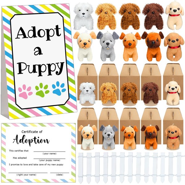 Blueweenly 20 Set Adopt A Puppy Favors 20 Small Stuffed Puppy Plush Dogs Bulk with 20 Kraft Paper Boxes 20 Adoption Cards 1 White Fence and 1 Adopt Sign for Adopt A Pet Party