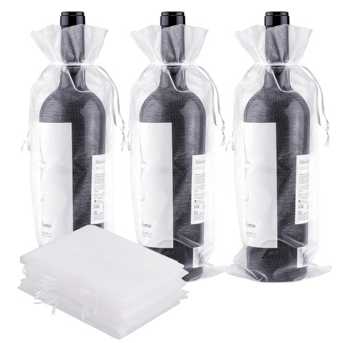 G2PLUS Organza Wine Bags,30PCS Wine Bottle Gift Bags with Drawstrings 14.6" x5.5" Organza Bottle Bags for Wedding,Birthday and Baby Shower Party Favor (White)