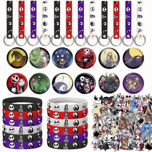 LANFUBEISI 86pcs Christmas Birthday Decorations Halloween Party Favors Set Include 50pcs Stickers, 12pcs Key Chains,12pcs Buttons Pins and 12pcs Bracelets for Halloween Birthday Party Decorations