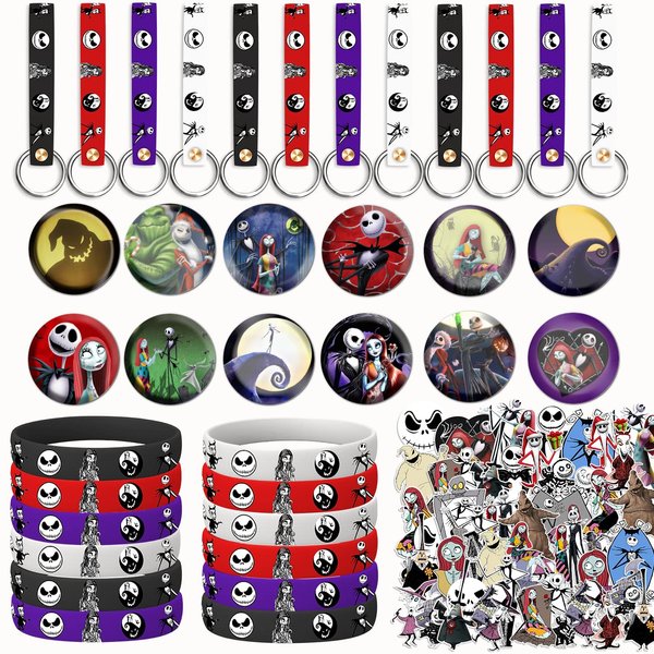 LANFUBEISI 86pcs Christmas Birthday Decorations Halloween Party Favors Set Include 50pcs Stickers, 12pcs Key Chains,12pcs Buttons Pins and 12pcs Bracelets for Halloween Birthday Party Decorations