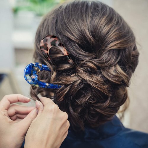 French Hair Forks Tortoise Shell French Hair Pins For Buns,5 Inch Cellulose Acetate U Shape Chignon Pin 2 Prong Hair Stick for Women,Blue/Tortoiseshell,2Pack