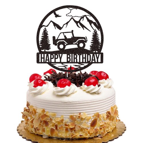 Off-road Vehicle Happy Birthday Cake Topper for Boys Men' Birthday Party Supplies, SUV Jeep Drivers Adventure Themed Cake Topper, Black Glitter