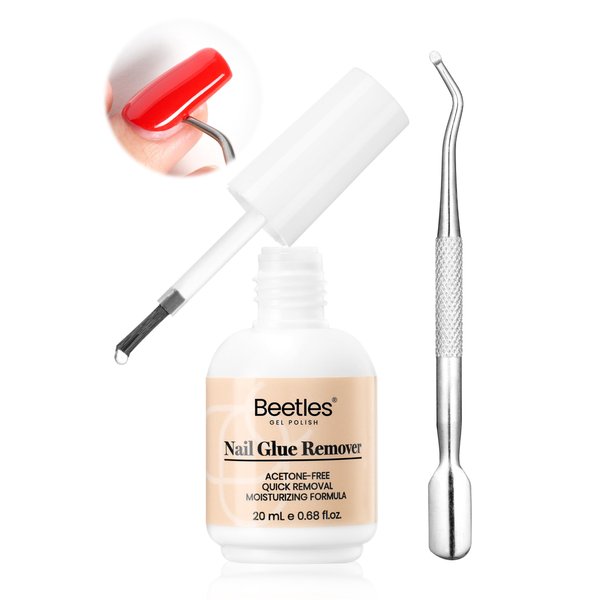Beetles Nail Glue Remover Glue 20ml for False Nails, Press on Nails Glue Remover for Fake Nail Tips Acrylic Nail Adhesive Remover with Cuticle Pusher, Not for Uv Gel Glue or Gel Polish