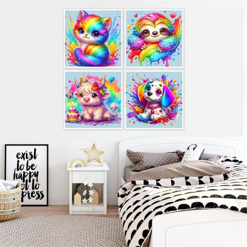 4 Pack Paint by Numbers 8x8 inch - Cute Animals Paint by Number for Kids Ages 4-8-12,Easy DIY Acrylic Oil Painting Kits on Canvas for Children Girls Boys Gifts