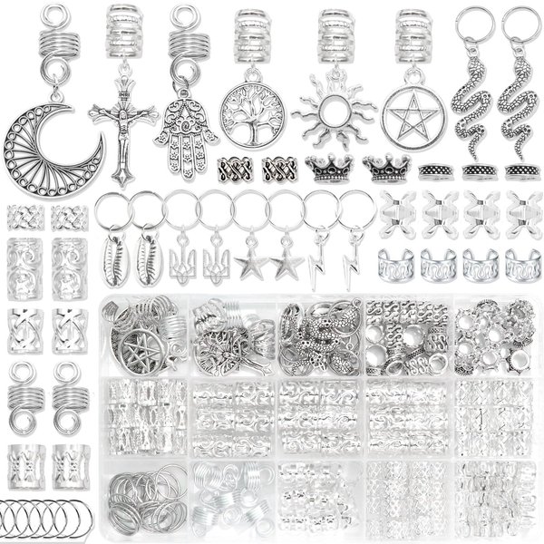 NAISKA Vikings Hair Jewelry for Braids, 186Pcs Norse Runes Tube Beads Cross Snake Loc Dreadlock Accessories, Non-Piercing Ear Cuffs Locs Jewelry for Women and Men