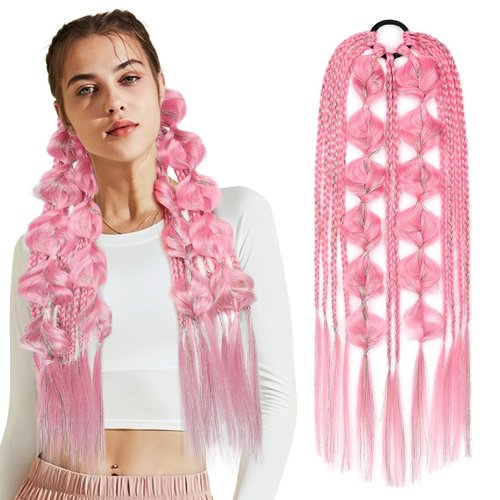 YOGFIT Colored Hair Extensions Long Braided Bubble Ponytail Extension with Hair Tie, 21&#39;&#39; Crazy H...