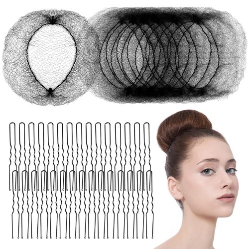 Mesh Hair Bun Set - 20 Inches Invisible Elastic Edge, 50 Nets & 40 Bobby Pins for Ballet Dancers, Kitchen Workers & Wig Styling (Black)