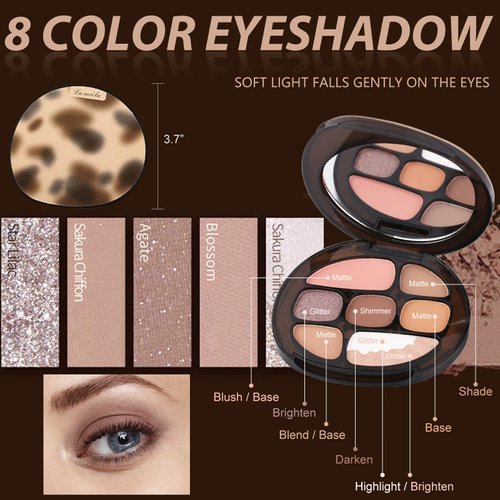 Basic Makeup Kit for Teenagers - 8 Popular Colors Eyeshadow Palette,Fix Mascara,Fine Eyeliner,Eyebrow Soap,7pcs Brushes,Double-head Lip Gloss,Mesh Cosmetic Bag - Women,Teens & Girls Makeup Gift Set