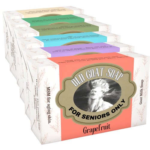 Grace Harbor Old Goat Soap – Premium Goat Milk Bar Soap with MSM for Aging Skin – All Natural Small Batch – For Seniors Only – Six Pack with Sisal Soap Saver Bag (Variety 6 Pack)