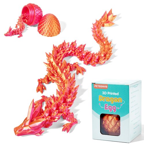 PETBSNVB 12" 3D Printed Dragon in Easter Eggs, Easter Basket Stuffers, Crystal Dragon Surprise in Eggs, Articulated Dragon, Dragon Fidget Toy, Home Office Decor Executive Desk Toy (Laser Red)
