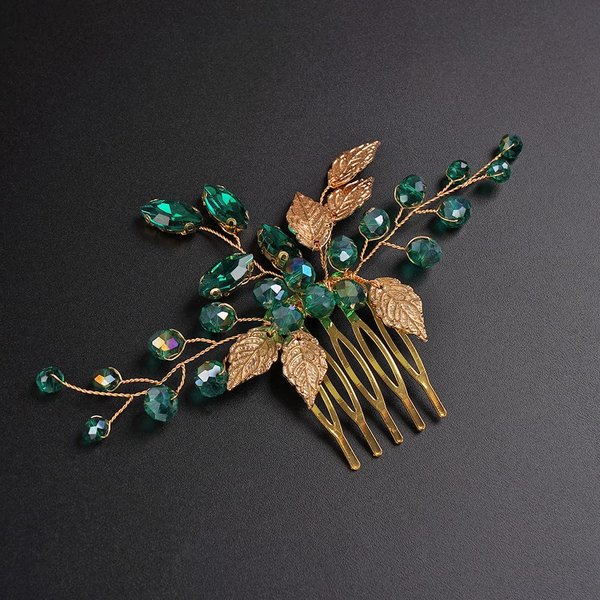 Jumwrit Crystal Hair Comb for Wedding Gold Leaf Hair Comb for Bride Bridesmaid Handmade Rhinestone Headpiece Bridal Hair Accessories