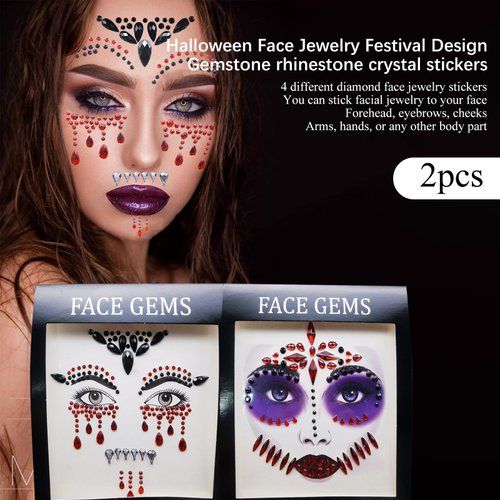 Halloween Face Jewels,2Set Halloween Stick On Rhinestone Rave Face Gems Self Adhesive Eyes Body Temporary Tattoos For Festival Fashion Girl Women Mermaid Zombie Vampire Crystals Party Makeup Supplies