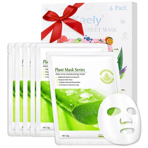 AMY'S DIARY 6 PCS Real Nature Hydrating Aloe Vera Face Mask, Hyaluronic Acid, Vitamin C and E, Chamomile, Korean Beauty Essence Facial Paper Sheet Mask for Skin Care Moisturizing (Aloe)