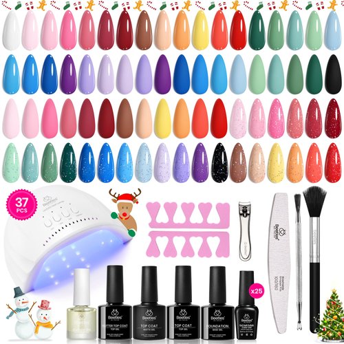 Beetles Winter Gel Nail Polish Kit with Uv Light, 37Pcs 25 Colors Gel Polish Starter Kit, Red Green Pink Blue Christmas Gel Polish for Beginners with Everything Manicure Tools Gift for Women