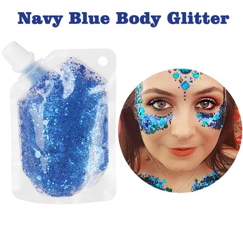 MEICOLY Navy Blue Body Glitter,Mermaid Sequins Face Glitter Gel,Chunky Glitter Face Paint,Holographic Glitter for Face/Body/Hair/Eye/Lip,Sparkly Body Glitter for Women and Kids