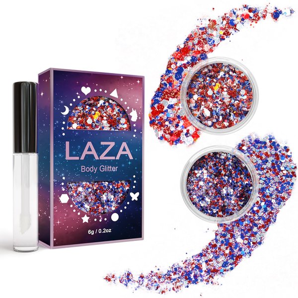 Laza Independence Day Body Glitter, 2 Jars Red Blue White Chunky Sequins with Glue Women Eyeshadow 4th of July Face Paint Festival Rave Outfit Hair Accessories Party Costumes – Independence Parade