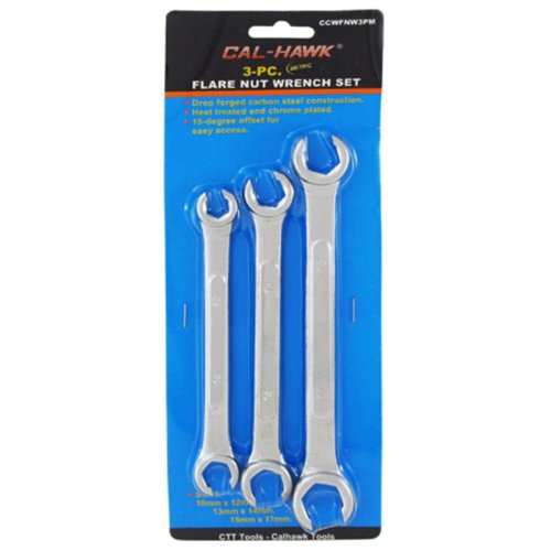 3-Piece Metric Flare Nut Wrench Set, Drop Forged Carbon Steel, Heat Treated and Chrome Plated, 15 Degree Offset for Easy Access, Sizes: 10 x 12, 13 x 14, 15 x 17mm