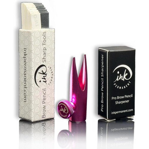 Metal Eyebrow Pencil Shaper Mapping Brow Pencil Sharpener | Shaping Tool for Waterproof Peel-Off Brow Pencils with 10 Razors Duckbill Makeup Pencil Sharpener Eyebrow Mapping Kit (Pink)