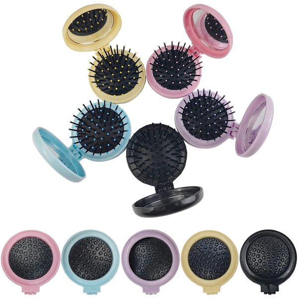 GXXMEI 9PCS Folding Travel Mirror Hair Brushes Round Mirror Pocket Hair Brush Portable Mini Colourful Pop Up Hair Brushes Wet and Dry Hair for Women Girls Kids Hair Brush