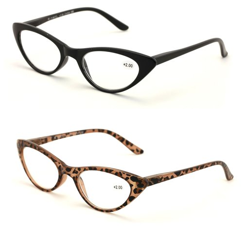 V.W.E. 2 Pairs Deluxe Female Cateye Vintage Reading Glasses Women Readers (1 Black 1 Tortoise, 2.00)