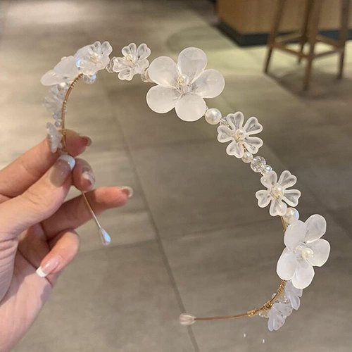 AKOAK 1 Pack Pearl Crystal Flower Hair Band, French Vintage Super Fairy Tiara, Thin Silver Flower Leaf Crown Hair Band Accessories Tiara Bride Bridesmaid