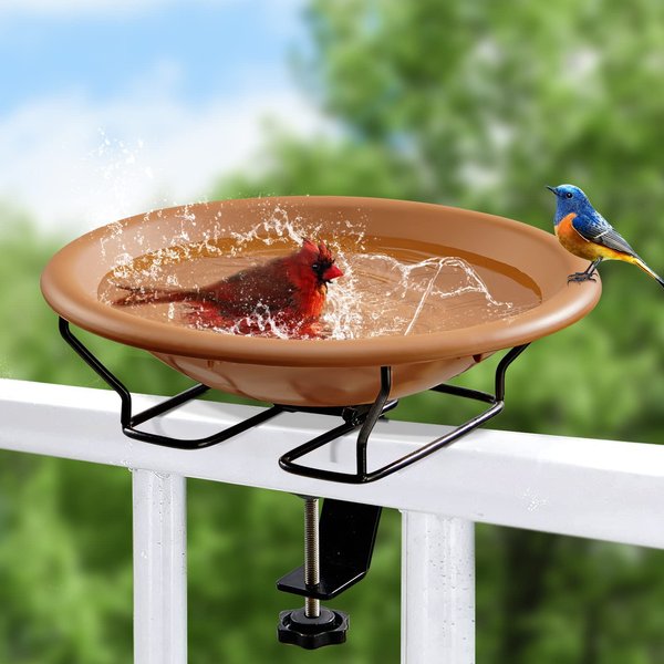 Jealoeur Bird Bath Deck Mounted 12 Inches, Deck Adjustable Steel Clamp 3.5 Inches, Balcony Railing Birdbaths Unheated(Brown)