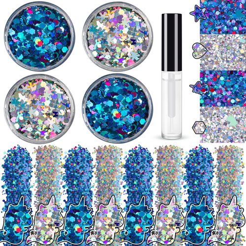 Silver and Purplish Blue Holographic Chunky Glitter Cosmetic Body Hair Face Eye Nail for Festival Carnival Concert Beauty Rave Accessories Different Shapes 4 Pots 32g/1.12oz+ Quick Dry Primer Glue Gel