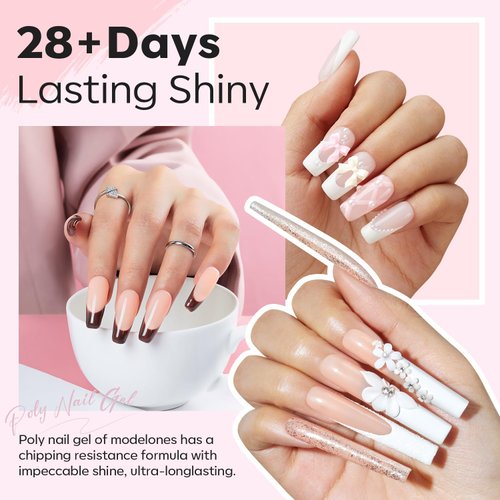 Modelones Poly Nail Gel Kit, 6 Colors Poly Extension Gel Clear Pink White with 48W Nail Lamp 3D Nail Charms Builder Slip Solution Complete Toe Nail Kit Supplies for Starter