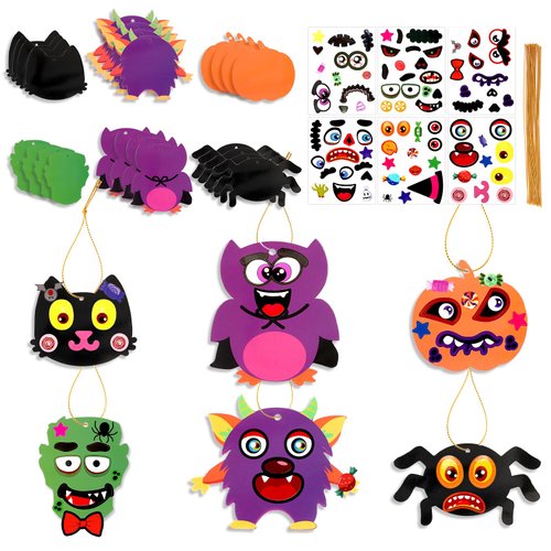 HOWAF 24 Sets Halloween Craft Kits,Make Your Own Halloween Characters Face Stickers, Halloween Pumpkin Spider Cat Bat Foam Stickers DIY Crafts for School Halloween Party Favors