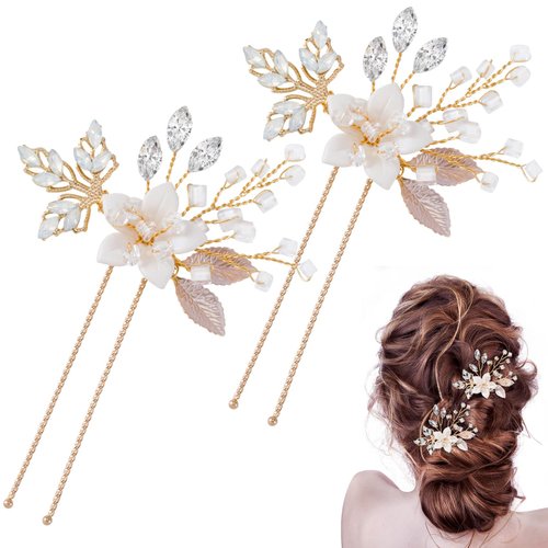 OIIKI 2PCS Flower Leaves Hair Pins for Wedding, Elegant Rhinestone Women Hair Clips, U-shape Crystal Hairpins Hair Accessories for Brides, Women, Girls for Parties, Christmas, Festival