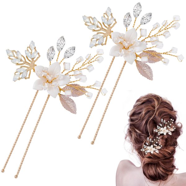 OIIKI 2PCS Flower Leaves Hair Pins for Wedding, Elegant Rhinestone Women Hair Clips, U-shape Crystal Hairpins Hair Accessories for Brides, Women, Girls for Parties, Christmas, Festival